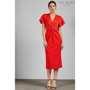 NWT Ted Baker Ellame Wrap Over Flutter Sleve Bodycon Shift Large Orange